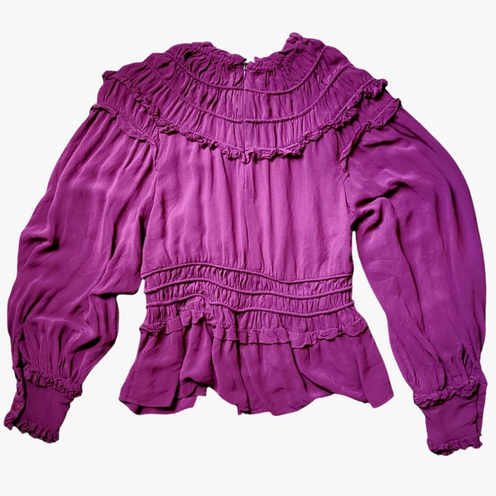 Farm Rio Plum Ruffle Blouse M | Romantic Boho Chic Long Sleeve Flowy Top - Picture 5 of 9